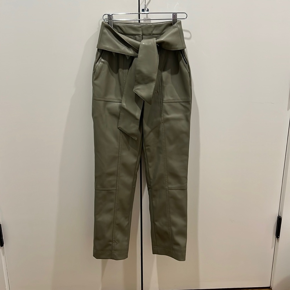 NWT JONATHAN SIMKHAI TESSA FAUX LEATHER TIE WAIST PANTS OLIVE GREEN 0 XS